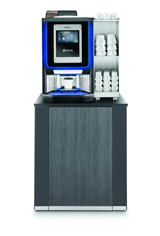 Necta Krea Touch bean-to-cup coffee machine with 7-inch touch screen on a cabinet